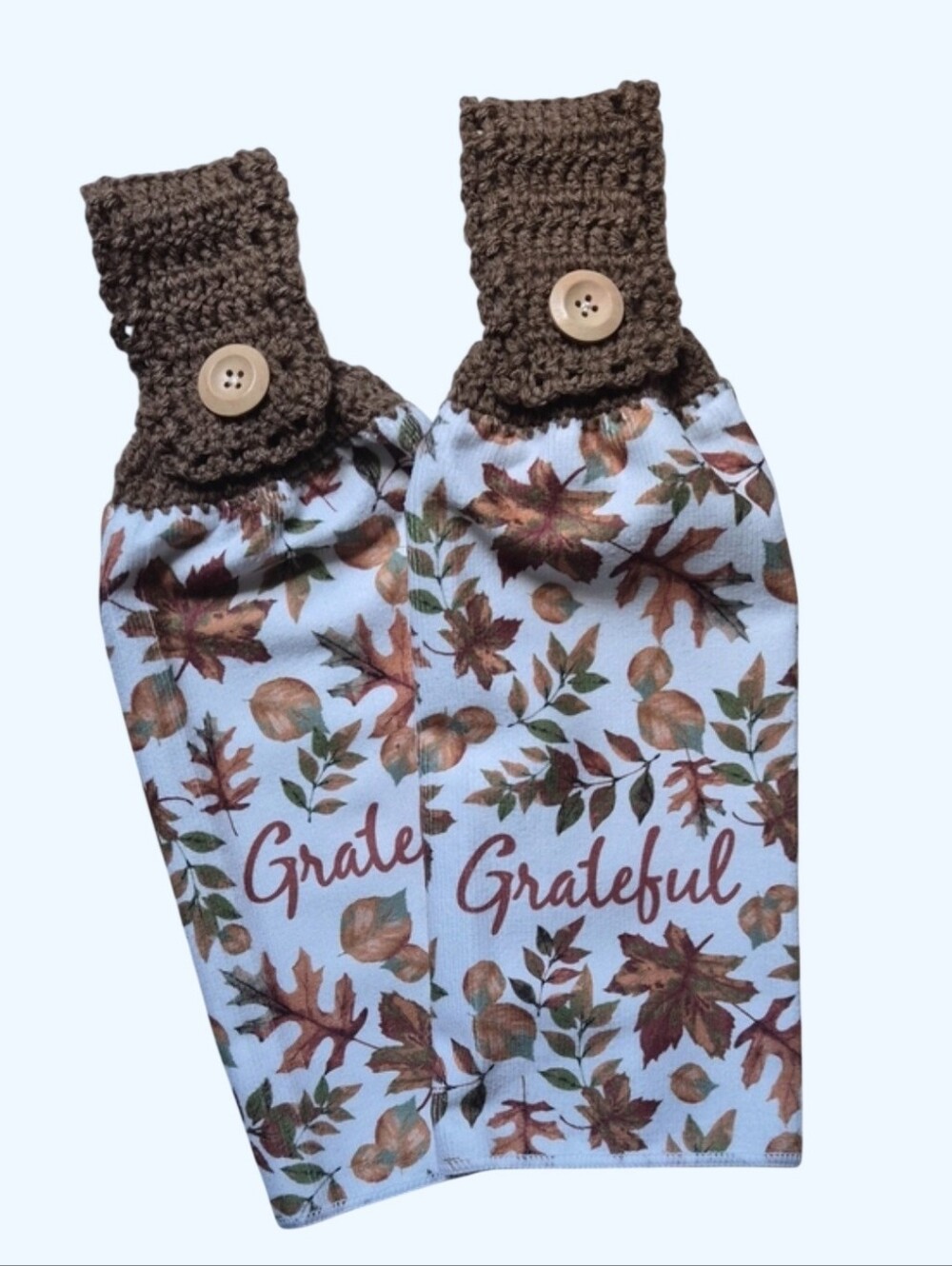 Thanksgiving Grateful Autumn Leaves Handmade Crocheted Top Dish Towel Set of 2